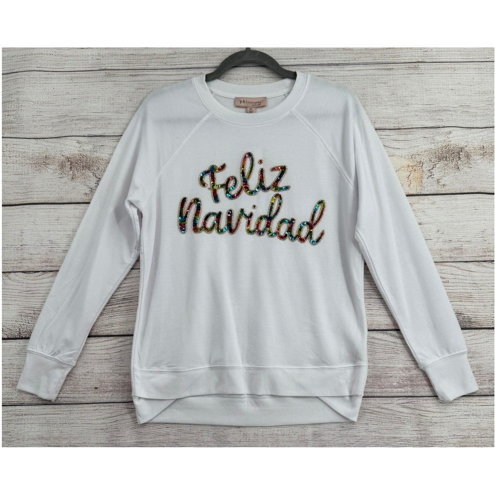 Philosophy Feliz Navidad Sweatshirt Womens S White Sequin Holiday Raglan